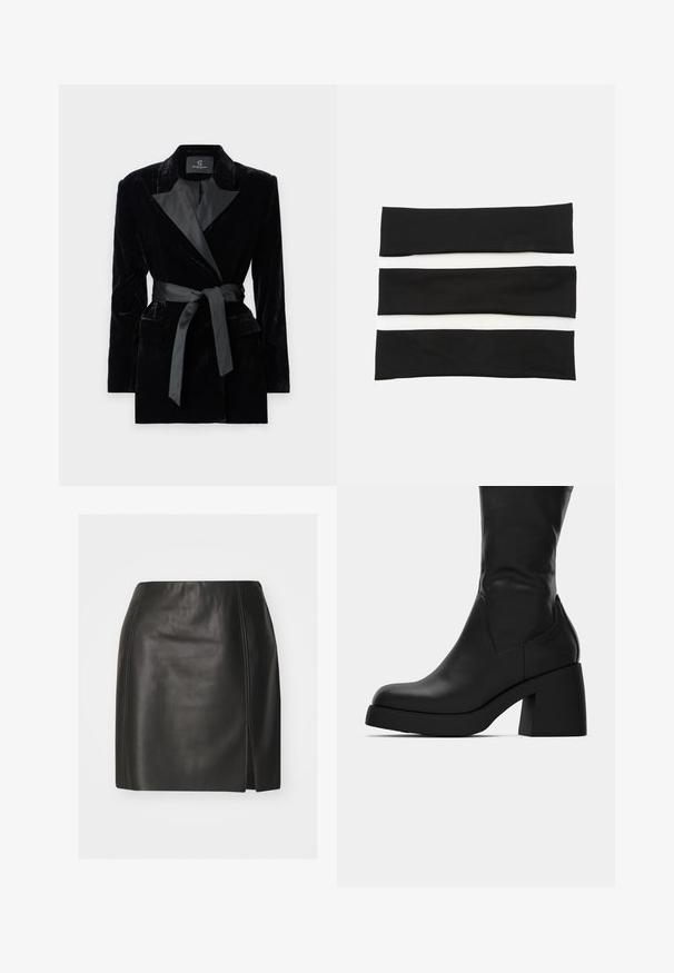 Črn žametni blazer s satenskim ovratnikom, dolgimi rokavi, sprednjimi žepi in zavezanjem v pasu. Gladka tekstura in krojena zasnova.; Bela bluzica s ovratnikom, izrađena od glatkog materijala, s kratkim rukavima i nabranim detaljima u struku za opuštenu figuru.; Črna usnjena mini krilca z oprijetim oblikovanjem, gladko teksturo, stranskim razporkom in kontrastnim šivom na šivih.; Črne usnjene škornje do meč s debelim blokastim petami in okroglo konico, prikazane s stranske strani na belem ozadju.; Set treh elastičnih trakov za lase v črni in beli barvi, z gladko teksturo in preprostim, ravnim dizajnom. Vsaka trak je enakomerne širine.