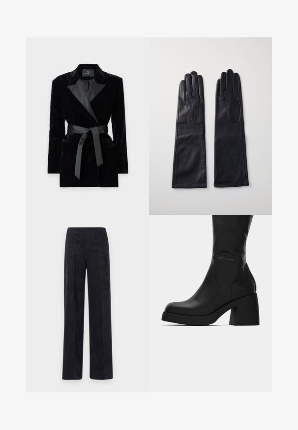 Melnas samta žaketes ar satīna apkakli, garām piedurknēm, priekšējām kabatām un saistītu jostu jostasvietā. Gluda tekstūra un izsmalcināts dizains.; Balta apkakles apvalka bluze, izgatavota no gluda auduma, ar īsām piedurknēm un savilktām detaļām jostasvietā, nodrošinot brīvu piegriezumu.; Tumši pelēki korduroja bikses ar taisnu kāju dizainu, ar teksturētu ribotu virsmu un elastīgu jostasvietu ērtībai.; Melnas ādas zābaki līdz vidus teļam ar masīvu blokveida papēdi un noapaļotu purngalu, redzami sānu profilā uz baltas fona.; Anna Field LEATHER - Cimdi - black