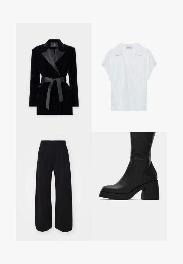 Czarna aksamitna marynarka z satynowym kołnierzem typu szal, długimi rękawami, kieszeniami z przodu i związanym paskiem w talii. Gładka tekstura i dopasowany krój.; Biała bluzka zapinana na kołnierz wykonana z gładkiego materiału, z krótkimi rękawami i marszczeniem w talii, zapewniająca swobodny krój.; GAP - Spodnie materiałowe; Czarna skórzana botka do połowy łydki z masywnym słupkiem i okrągłym noskiem, przedstawiona w profilu bocznym na białym tle.