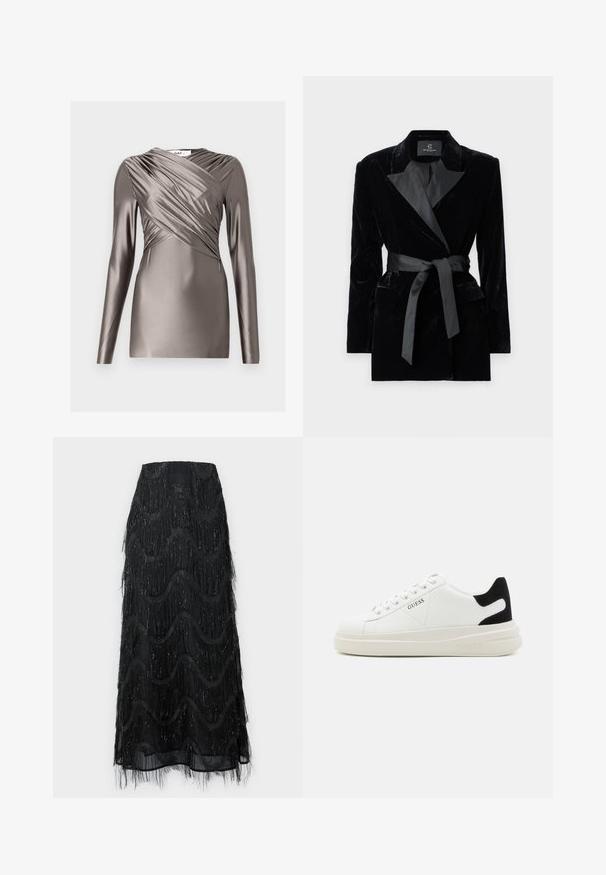 Blazer de terciopelo negro con cuello de chal de satén, mangas largas, bolsillos frontales y un cinturón atado en la cintura. Textura suave y diseño ajustado.; Top de manga larga en tejido metalizado color topo, con un diseño drapeado en la parte delantera y detalles texturizados en las mangas. Silueta ajustada y suave.; Falda midi negra con flecos en capas y patrones de ondas. Fabricada con material transparente y acentos brillantes a lo largo de los bordes.; Zapatillas blancas de cuero con una suela blanca gruesa, acento en el talón de ante negro y logo grabado en el lateral. Diseño de cordones con seis ojales.
