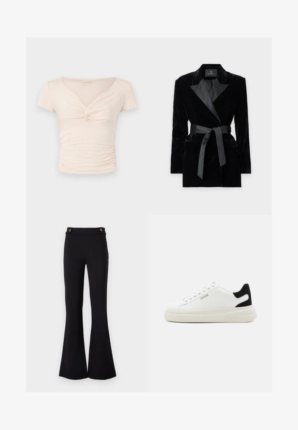 Črn žametni blazer s satenskim ovratnikom, dolgimi rokavi, sprednjimi žepi in zavezanjem v pasu. Gladka tekstura in krojena zasnova.; Svetlo bež majica s kratkimi rokavi in V-izrezom, z zvitkom na sprednjem delu, ki ima nabran teksturo ob straneh za tesno prileganje.; Črne razširjene hlače iz elastične tkanine. Imajo dva zlate tone gumbe na pasu. Gladek material in oprijet kroj skozi boke.; Bele usnjene športne copate z debelim belim podplatom, črnimi semišnimi detajli na peti in utisnjenim logotipom na strani. Zavezovanje s šestimi luknjicami.