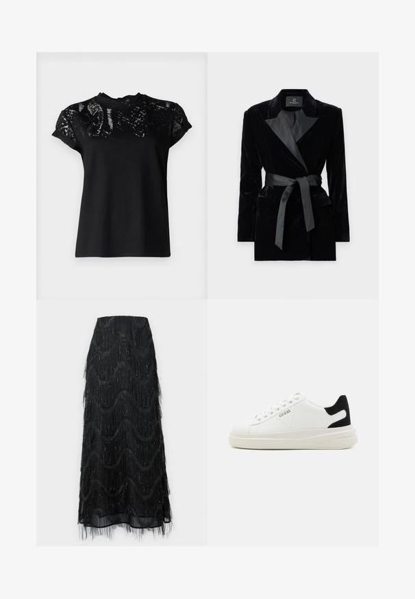 Melnas samta žaketes ar satīna apkakli, garām piedurknēm, priekšējām kabatām un saistītu jostu jostasvietā. Gluda tekstūra un izsmalcināts dizains.; AllSaints ANNA SNAKE TEE - Apdrukāts T-krekls - black; Melnā midi svārki ar kārtainu fringu un viļņveida rakstiem. Izgatavoti no caurspīdīgas materiāla ar spīdīgām akcentēm gar malām.; Baltas ādas sporta apavi ar biezu balto zoli, melna zamša uzpura un izspiestais logotips sānos. Šņorējuma dizains ar sešiem acu caurumiem.