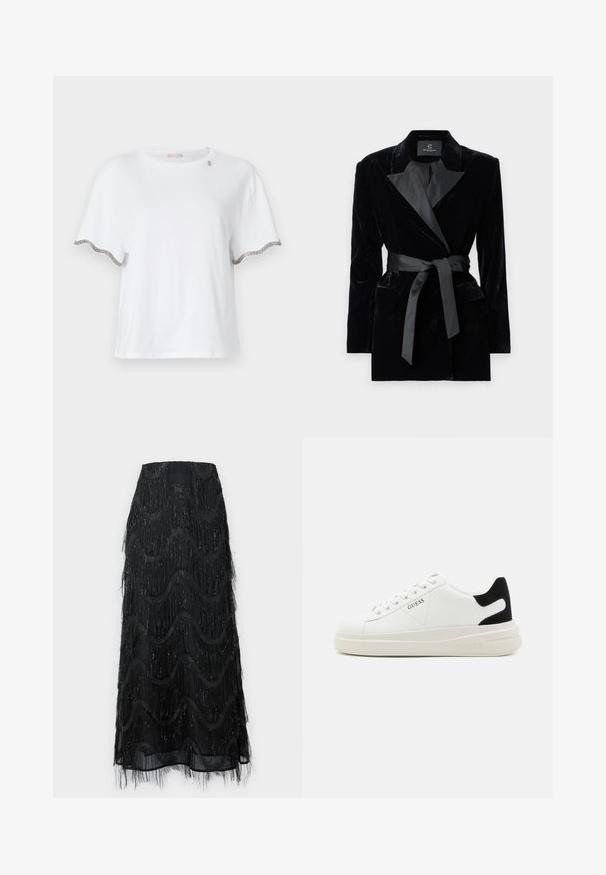 Blazer en velours noir avec col châle en satin, manches longues, poches avant et une ceinture nouée à la taille. Texture lisse et design ajusté.; T-shirt blanc à manches courtes en coton, avec des bords festonnés et des accents argentés au niveau des manches, ainsi qu'un élément de design subtil près de l'encolure.; Jupe midi noire avec des franges superposées et des motifs en vagues. Fabriquée en matière transparente avec des accents scintillants le long des bords.; Baskets en cuir blanc avec une épaisse semelle blanche, un accent en daim noir au niveau du talon et un logo embossé sur le côté. Design à lacets avec six œillets.