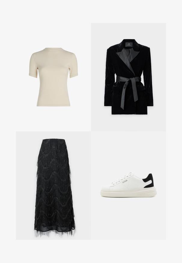 Μαύρο βελούδινο σακάκι με σατέν γιακά, μακριά μανίκια, εμπρός τσέπες και ζώνη που δένει στη μέση. Λείο ύφασμα και κομψός σχεδιασμός.; Calvin Klein MODAL MIX RIB SLIT DETAIL T-SHIRT - Βασικό μπλουζάκι - wood ash; Μαύρη midi φούστα με στοιχεία από επάλληλες φράντζες και κυματιστά σχέδια. Φτιαγμένη από διάφανο υλικό με λαμπερά στοιχεία κατά μήκος των άκρων.; Λευκά δερμάτινα αθλητικά παπούτσια με χοντρή λευκή σόλα, μαύρη σουέτ λεπτομέρεια στην φτέρνα και ανάγλυφο λογότυπο στο πλάι. Σχέδιο με κορδόνια και έξι θηλιές.