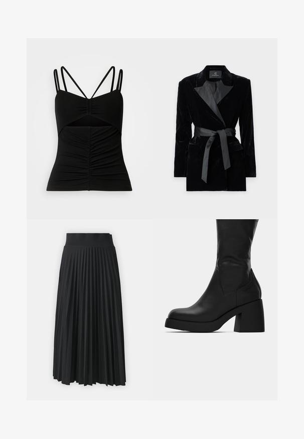 Svart fløyelsblazer med sateng sjalkrage, lange ermer, frontlommer og et knyttet belte i midjen. Glatt tekstur og skreddersydd design.; Svart ermeløs topp med justerbare tynne stropper, med en rynket design foran og en utskuringsdetalj på midtseksjonen.; Svart plisserte skjørt med bred midjebånd, med jevne vertikale folder gjennom hele. Glatt tekstur med en flytende design.; Sorte lærstøvler midt på læggen med kraftig blokhæl og rund tå, vist fra siden på hvid baggrund.