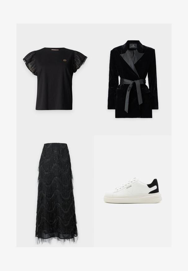 Black velvet blazer with satin shawl collar, long sleeves, front pockets, and a tied belt at the waist. Smooth texture and tailored design.; Black t-shirt with short, sheer ruffled sleeves and a subtle metallic pattern, featuring a small gold logo on the chest.; Black midi skirt featuring layered fringe and wave patterns. Made from sheer material with sparkly accents along the edges.; White leather sneakers with a thick white sole, black suede heel accent, and embossed logo on the side. Laced design with six eyelets.
