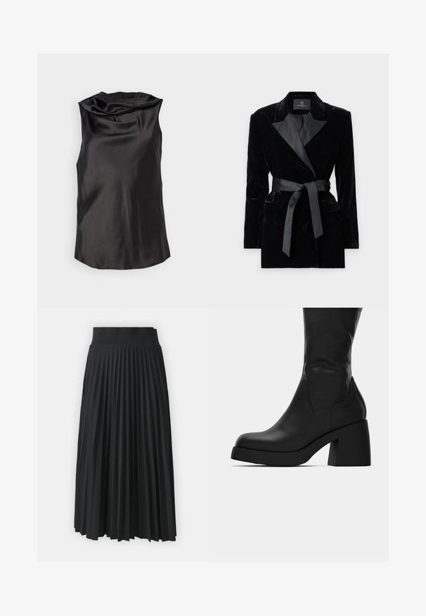 Black velvet blazer with satin shawl collar, long sleeves, front pockets, and a tied belt at the waist. Smooth texture and tailored design.; Black sleeveless top made of smooth satin, featuring a draped cowl neckline and a relaxed fit, with a slightly rounded hem.; Black pleated skirt with a wide waistband, featuring uniform vertical folds throughout. Smooth texture with a flowing design.; Black mid-calf leather boot with chunky block heel and rounded toe, showing side profile on white background.