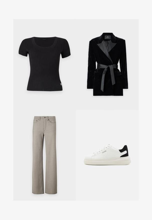 Črn žametni blazer s satenskim ovratnikom, dolgimi rokavi, sprednjimi žepi in zavezanjem v pasu. Gladka tekstura in krojena zasnova.; Kratka majica s kratkimi rokavi črne barve z okroglo izrezo, narejena iz gladkega, elastičnega materiala. Ima majhen tristrani logotip na spodnji strani.; Široke hlače iz svetlo sive, teksturirane tkanine z gladko površino. Imajo gumbno zapiranje in obliko z petimi žepi.; Bele usnjene športne copate z debelim belim podplatom, črnimi semišnimi detajli na peti in utisnjenim logotipom na strani. Zavezovanje s šestimi luknjicami.