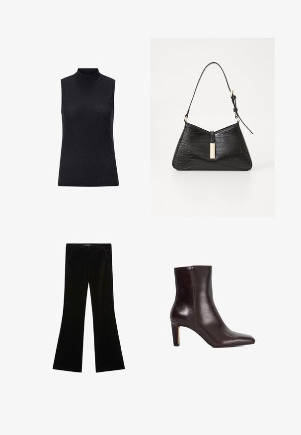 Black velvet blazer with satin shawl collar, long sleeves, front pockets, and a tied belt at the waist. Smooth texture and tailored design.; Black sleeveless top with a high neckline, made from ribbed, textured material, featuring a fitted silhouette and a smooth, reflective surface.; Black velvet flared pants with a smooth texture, featuring two front pockets and a fitted waist, designed for a streamlined silhouette.; Dark brown leather ankle boot with pointed toe and mid-height block heel, smooth finish, no visible fasteners.; Black handbag in faux croc-embossed material, featuring a triangular shape, slim shoulder strap, and a gold-tone hardware accent in the center.; Silver teardrop earrings with rounded accents, set against a model wearing a white ribbed sleeveless top, showcasing a smooth texture.