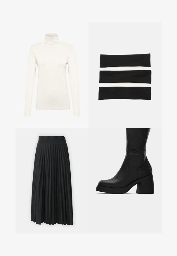 Černé sametové sako se saténovým šálovým límcem, dlouhými rukávy, předními kapsami a uvázaným páskem v pase. Hladký povrch a přizpůsobený design.; Krémový dlouhý rukávový rolák, vyrobený z měkkého materiálu s přiléhavým střihem. Má vysoký límec a hladkou, rovnoměrnou texturu.; Černá plisovaná sukně s širokým pasem, vybavená rovnoběžnými vertikálními záhyby po celé délce. Hladká textura s plynulým designem.; Černé kožené boty do poloviny lýtek s masivním blokovým podpatkem a zaoblenou špičkou, zobrazené v bočním profilu na bílém pozadí.; Sada tří elastických čelenek v černé a bílé barvě, s hladkou texturou a jednoduchým, plochým designem. Každá čelenka má stejnou šířku.
