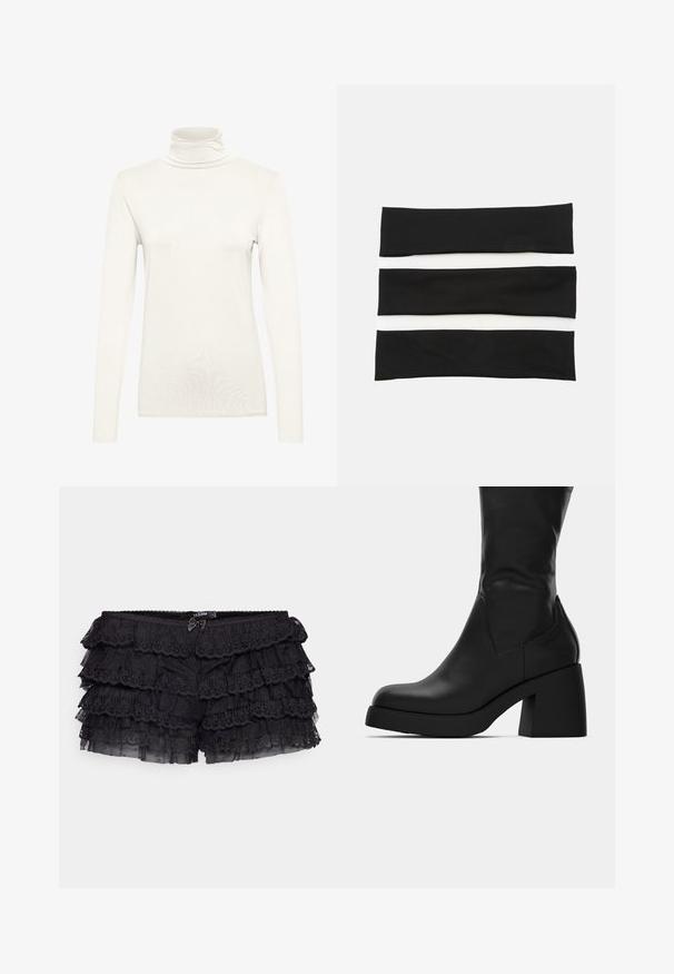 Blazer in velluto nero con colletto a scialle in satin, maniche lunghe, tasche frontali e una cintura legata in vita. Texture liscia e design su misura.; Maglione a maniche lunghe con collo a imbuto di colore crema, realizzato in tessuto morbido con una silhouette aderente. Presenta un collo alto e una texture liscia e uniforme.; Jaded London BLOOMER SHORTS - Shorts - black; Stivale in pelle nera a metà polpaccio con tacco largo e punta arrotondata, mostrato in profilo laterale su sfondo bianco.; Set di tre fasce elastiche in bianco e nero, con una trama liscia e un design semplice e piatto. Ogni fascia ha una larghezza uniforme.