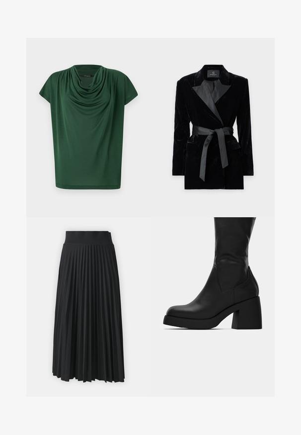 Blazer en velours noir avec col châle en satin, manches longues, poches avant et une ceinture nouée à la taille. Texture lisse et design ajusté.; Haut drapé vert en tissu léger. Caractérisé par un col cowl et des manches courtes, avec une texture lisse et une coupe ample.; Jupe plissée noire avec une large ceinture, présentant des plis verticaux uniformes. Texture lisse avec un design fluide.; Botte en cuir noire mi-mollet avec un large talon bloc et un bout arrondi, montrant le profil latéral sur fond blanc.