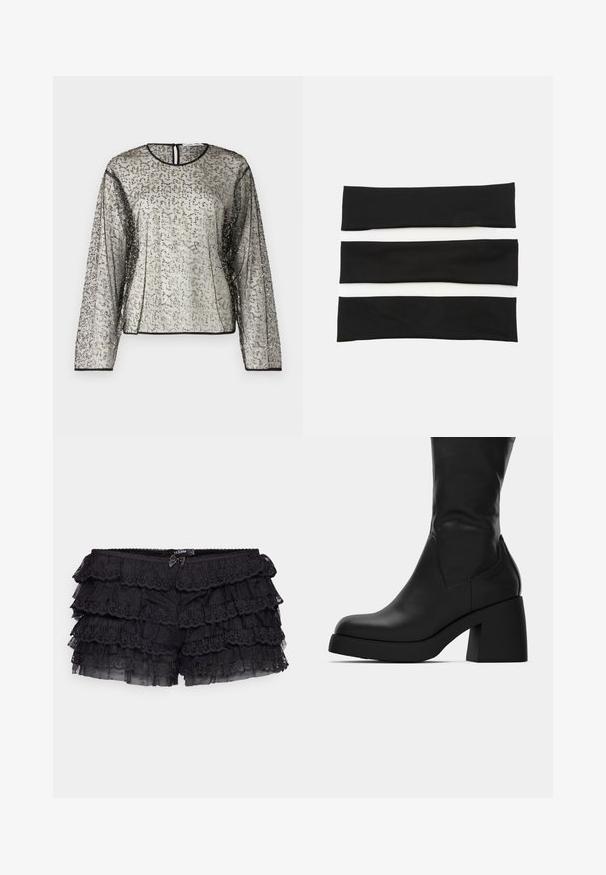 Schwarze Samtblazer mit satinierter Schalkragen, langen Ärmeln, Fronttaschen und einem gebundenen Gürtel in der Taille. Glatte Textur und taillierte Passform.; Transparente Bluse mit langen Ärmeln und einer strukturierten silbernen und schwarzen Verzierungen, rundem Halsausschnitt und rückseitigem Schlüsselloch-Öffnung. Schwarze Kanten säumen die Ärmel.; Jaded London BLOOMER SHORTS - Shorts - black; Schwarze Lederstiefelette bis zur Mitte der Wade mit kräftigem Blockabsatz und runder Zehenpartie, seitliche Ansicht auf weißem Hintergrund.; Set aus drei elastischen Haarbändern in Schwarz und Weiß, mit glatter Textur und einem einfachen, flachen Design. Jedes Band hat eine einheitliche Breite.