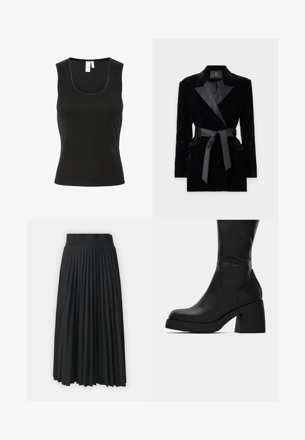 Črn žametni blazer s satenskim ovratnikom, dolgimi rokavi, sprednjimi žepi in zavezanjem v pasu. Gladka tekstura in krojena zasnova.; Črna brezrokavna majica iz rebrastega materiala, z okroglim izrezom in ožjim krojem. Minimalističen stil brez vzorcev ali dodatkov.; Črna plisirana krila z širokim pasom, ki ima enakomerne navpične gubice po celi dolžini. Gladka tekstura z mehak načrtom.; Črne usnjene škornje do meč s debelim blokastim petami in okroglo konico, prikazane s stranske strani na belem ozadju.