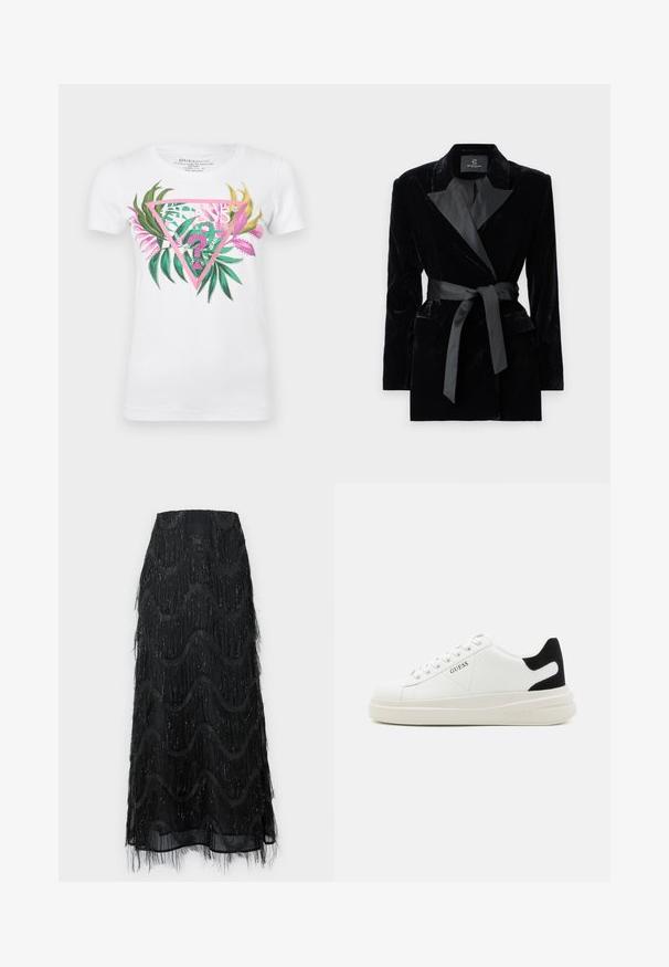 Blazer en velours noir avec col châle en satin, manches longues, poches avant et une ceinture nouée à la taille. Texture lisse et design ajusté.; T-shirt en coton blanc avec un graphique coloré comprenant un design triangulaire rose, des feuilles vertes et des accents roses. Manches courtes et col ras du cou.; Jupe midi noire avec des franges superposées et des motifs en vagues. Fabriquée en matière transparente avec des accents scintillants le long des bords.; Baskets en cuir blanc avec une épaisse semelle blanche, un accent en daim noir au niveau du talon et un logo embossé sur le côté. Design à lacets avec six œillets.