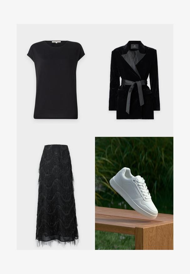 Schwarze Samtblazer mit satinierter Schalkragen, langen Ärmeln, Fronttaschen und einem gebundenen Gürtel in der Taille. Glatte Textur und taillierte Passform.; Schwarzes T-Shirt mit kurzen Ärmeln aus weichem Stoff, rundem Ausschnitt und lockerer Passform. Mit aufgerollten Ärmeln und einer glatten, einheitlichen Textur.; Schwarzer Midirock mit geschichteten Fransen und Wellenmustern. Hergestellt aus durchsichtigem Material mit funkelnden Akzenten an den Kanten.; Weiße Sneaker mit einem glatten, synthetischen Obermaterial, perforierter Zehenbox, flachen Schnürsenkeln und einer strukturierten Sohle, präsentiert auf einer Holzoberfläche.