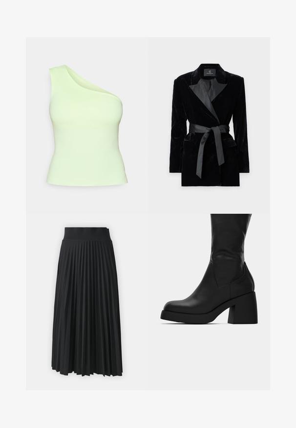 Čierny zamatový blejzer so saténovým šálovým golierom, dlhými rukávmi, prednými vreckami a opaskom na uviazanie v páse. Hladká štruktúra a strihový dizajn.; Asymetrický top s jedným ramienkom v svetlozelenej farbe, priliehavý strih s hladkou textúrou, bez zdobenia alebo vzorov.; Čierna plisovaná sukňa so širokým pásom, s jednotnými vertikálnymi skladmi po celom obvode. Hladký povrch s plynulým dizajnom.; Čierne kožené čižmy po lýtka s masívnym blokovým podpätkom a zaoblenou špičkou, zobrazené z bočného profilu na bielom pozadí.
