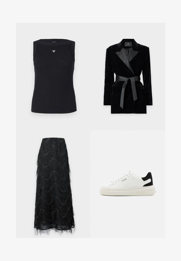 Czarna aksamitna marynarka z satynowym kołnierzem typu szal, długimi rękawami, kieszeniami z przodu i związanym paskiem w talii. Gładka tekstura i dopasowany krój.; Czarna bezrękawnik wykonana z bawełny, z dekoltem w łódkę i małym logo w kształcie kryształowego trójkąta na piersi. Gładka tekstura.; Czarna spódnica midi z warstwowym frędzlem i wzorami falistymi. Wykonana z przezroczystego materiału z błyszczącymi akcentami wzdłuż brzegów.; Białe skórzane sneakersy z grubą białą podeszwą, czarnym zamszowym akcentem na pięcie oraz wytłoczonym logotypem z boku. Projekt z sznurówkami i sześcioma dziurkami.