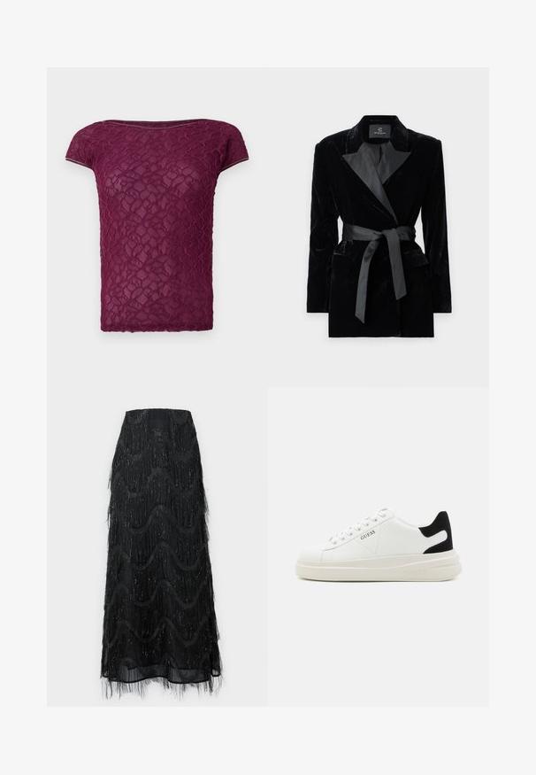 Svart fløyelsblazer med sateng sjalkrage, lange ermer, frontlommer og et knyttet belte i midjen. Glatt tekstur og skreddersydd design.; Bordeaux blonder t-skjorte med korte ermer, rund hals og et teksturert blomsterdesign hele veien. Lett og semi-gjennomsiktig stoff.; Svart midi skjørt med lagdelt frynser og bølgemønstre. Laget av gjennomsiktig materiale med glitrende detaljer langs kantene.; Hvite lær sneakers med tykk hvit såle, svart semsket hælforsterkning og preget logo på siden. Snøresystem med seks hull.