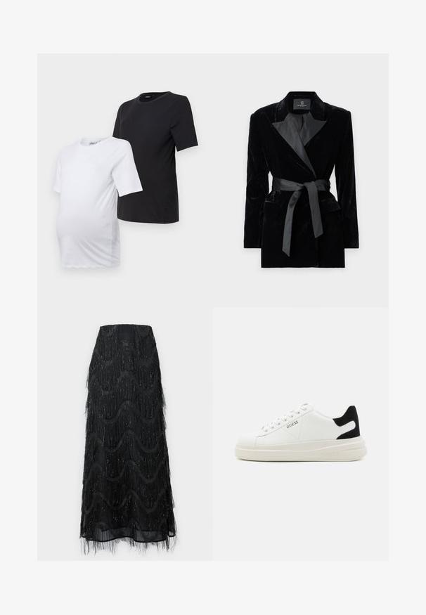 Sort fløjlsblazer med satin sjalkrave, lange ærmer, frontlommer og en bundet bælte i taljen. Glat tekstur og skræddersyet design.; To korte ærmel t-shirts til gravide: en i hvid og en i sort. Begge har rund halsudskæring og blødt, glat bomuldsstof for komfort.; Sort midi-skjorte med lagdelt frynse og bølgemønstre. Lavet af gennemsigtigt materiale med glitrende detaljer langs kanterne.; Hvide lædersneakers med en tyk hvid sål, sort ruskindhælvægt og prægede logoer på siden. Snørebåndsdesign med seks øjer.