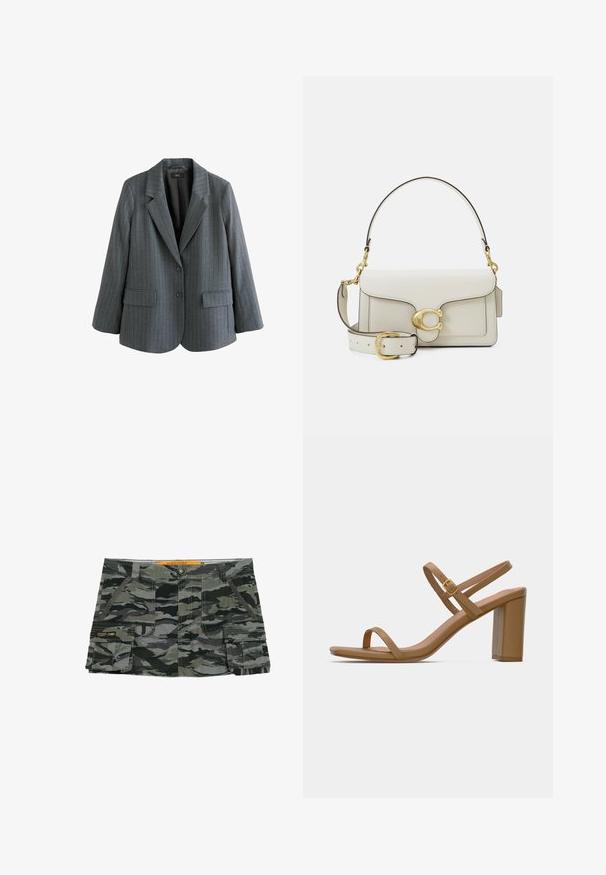 Grijze gestreepte blazer gemaakt van textuurstof, met een geknipte revers, twee voorzakken en een enkele knoopsluiting.; Witte ribstof met een zachte textuur, voorzien van verticale lijnen en een gladde afwerking. Geschikt voor verschillende kledingtoepassingen.; Shorts met camouflagedessin in tinten grijs en groen, met een knoopsluiting, zijzakken en een merkpatch op de bovenbeen.; Lichtbruine hoge sandalen met twee slanke riemen en een vierkante blokhak. Glad materiaal met een minimaal ontwerp en een klein gouden gespdetail.; Witte leren handtas met een gouden sluiting, zwarte accenten, een afneembare schouderriem en een gestructureerd ontwerp met een klepafsluiting.