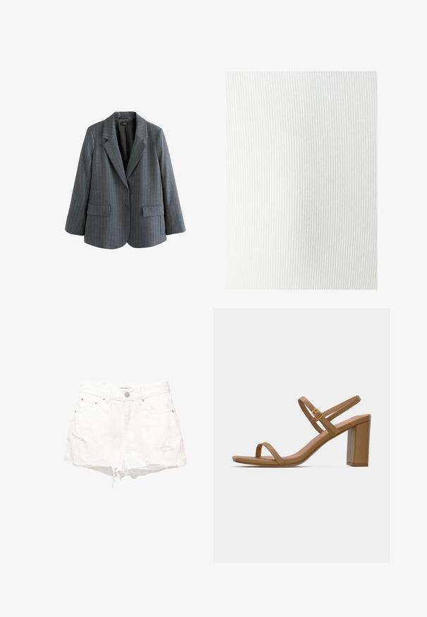 Sacou știrp din gri, realizat dintr-un material texturat, având rever înclinat, două buzunare frontale și închidere cu un singur nasture.; Material alb cu textură moale, cu dungi verticale și o finisare netedă. Potrivit pentru diverse aplicații vestimentare.; Shorts din denim alb, cu un aspect uzat, margine franjurată și design cu cinci buzunare. Include accente din metal cu buton și nituri.; Sandale cu toc de un maro deschis, cu două bare subțiri și un toc pătrat. Material neted, cu un design minimal și un detaliu mic din aur.