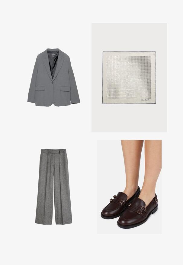 Šedý blazer s klopou, zapínaním na jeden gombík, dvoma prednými vreckami a hladkým vnútorným podšívkou. Strihovaný dizajn so štruktúrovaným tvarom.; Krémový sveter s károvaným pletením a dlhými rukávmi, s okrúhlym výstrihom, ktorý má malé vyšívané logo na ľavej strane hrude.; Sivé vlnené nohavice s širokými nohavicami, s pútkami na opasok a prednými skladmi, navrhnuté pre voľný, strihaný strih.; Hnedé kožené mokasíny s okrúhlou špičkou, dvoma pásmi cez priehlavok a dekoratívnymi zlatými kovovými akcentmi po stranách.; Hodvábna šatka v krémovej farbe s námorníckym lemom, zdobená pravidelne rozmiestnenými námorníckymi bodkami vytvárajúcimi vzor. V rohu je vytlačený podpis.