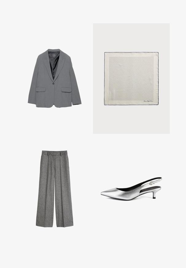 Sivi sako s reverima, zatvaranjem na jedan dugmet, dva prednja džepa i glatkom unutrašnjom podstavom. Krojen dizajn sa strukturalnim oblikom.; Krem pulover od rebrastog pletenja s dugim rukavima i okruglim izrezom, koji sadrži mali izvezeni logotip na lijevoj strani prsnog koša.; Sive vune široke hlače s remenom i prednjim nabranim detaljima, dizajnirane za opušteni, krojeni fit.; Srebrni metalik slingback pumpe s šiljastim vrhom, niskom kitten potpeticom i glatkom teksturom. Ima usku traku s malim detaljem kopče.; Svila šal u krem boji s tamnoplavim obrubom, ukrašen ravnomjerno raspoređenim tamnoplavim točkicama koje tvore uzorak. Potpis tiskan u kutu.
