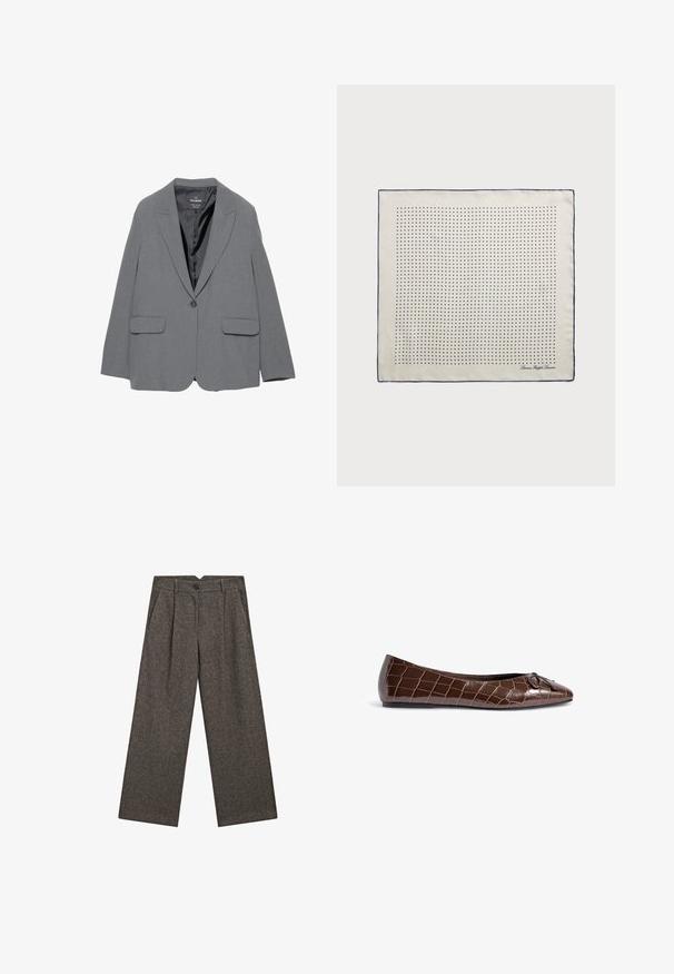 Grau Blazer mit Reverskragen, Ein-Knopf-Verschluss, zwei frontalen Taschen und glattem Innenfutter. Tailliertes Design mit strukturierter Form.; Cremefarbener Kabelstrickpullover mit langen Ärmeln und Rundhalsausschnitt, der ein kleines gesticktes Logo auf der linken Brust trägt.; Weit geschnittene, hoch taillierte, dunkelgraue Wollhose mit vorderen Falten, seitlichen Taschen, Gürtelschlaufen und einem schwarzen Knopfverschluss.; Braune Lackleder-Ballettschuhe mit Krokodilmuster und einer dekorativen Schleifenakzent an der Spitze. Glatte Textur und spitze Form.; Seidenschal in Creme mit einem Marineblauen Rand, der gleichmäßig verteilte marineblaue Punkte in einem Muster zeigt. Signatur in der Ecke gedruckt.