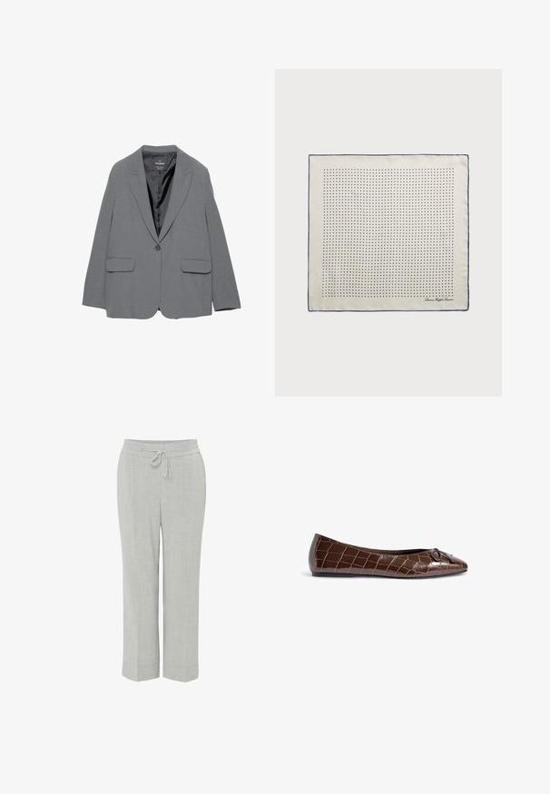 Grijze blazer met een notch-revers, enkele knoopsluiting, twee voorkruiszakken en een soepel binnenvoering. Tailored ontwerp met een gestructureerde vorm.; Crème-kleurige kabelgebreide trui met lange mouwen en ronde hals, voorzien van een klein geborduurd logo op de linkerborst.; Lichtgrijze linnen broeken met een ontspannen pasvorm, voorzien van een elastische tailleband en trekkoord, rechte benen en geen zichtbare patronen.; Bruine gepatineerde leren balletschoen met een krokodillenpatroon en een decoratieve strikaccent op de toon. Gladde textuur en puntige vorm.; Zijden sjaal in crème met een marineblauwe rand, voorzien van gelijkmatig verdeeld marineblauwe stippen die een patroon vormen. Handtekening gedrukt in de hoek.