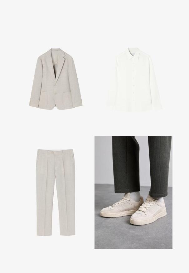 Svijetlosmeđi laneni sako s izrezanom reverom, dva prednja džepa, dvostrukim kopčanjem i četiri gumba na rukavima.; Bijela košulja dugih rukava izrađena od glatkog materijala, s dugim kopčanjem sprijeda, klasičnom kragnom i ravnim rubom sa zaobljenim stranama.; Svijetlosmeđi platneni hlače s ravnim nogavicama, suptilnom teksturom, dva prednja džepa i jednim gumbom za zatvaranje u struku.; Bež tenisice od antilopa i mrežastog materijala, s perforiranim detaljima, ravnim vezicama i debelim potplatima. Udobno kombinirane s hlačama od kordura u zelenoj boji.