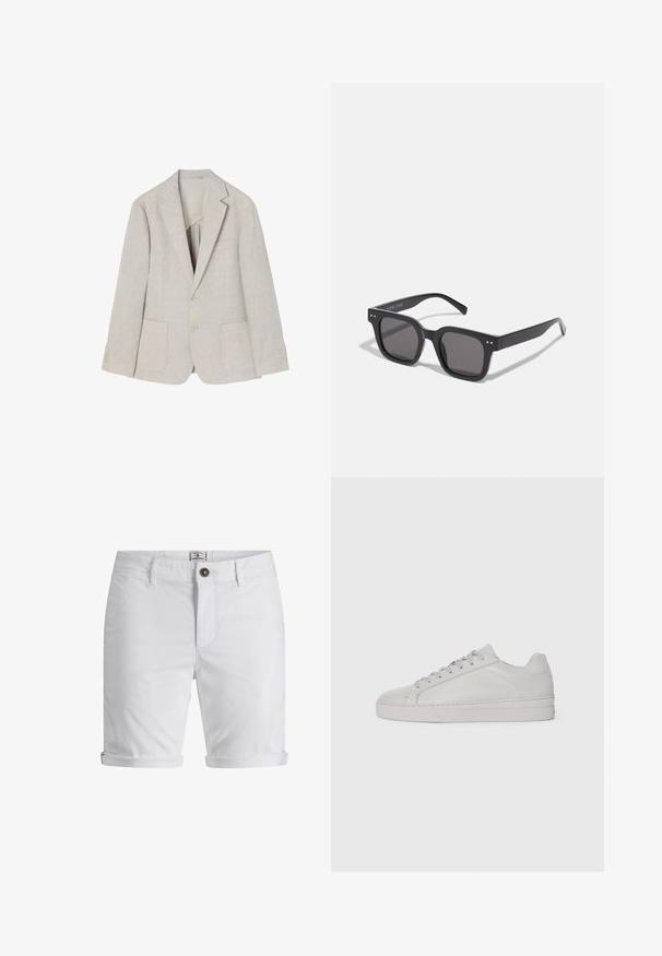 Lichtbeige linnen blazer met een geknipt revers, twee voorzakken, dubbele knoopsluiting en vier knoopaccenten op de mouwen.; Witte lange mouw shirt gemaakt van een gladde stof, met een knoopsluiting aan de voorkant, klassieke kraag en rechte zoom met afgeronde zijkanten.; Witte katoenen shorts met een opgerolde zoom, voorzien van een knoopsluiting, zijzakken en een gestructureerde stof. Standaard pasvorm.; Lichtgrijze leren sneaker met een gladde textuur, ronde neus, platte rubberen zool en ton-sur-ton veters. Bevat minimale branding in goud.; Zwarte rechthoekige zonnebril met donkere lenzen, voorzien van een dik montuur, subtiele accenten aan de zijkanten en zonder zichtbare logo's behalve de merknaam.; Zilveren roestvrijstalen quartzhorloge met een zwart rechthoekig uurwerk, voorzien van analoge wijzers, digitale weergave en het label voor waterbestendigheid.