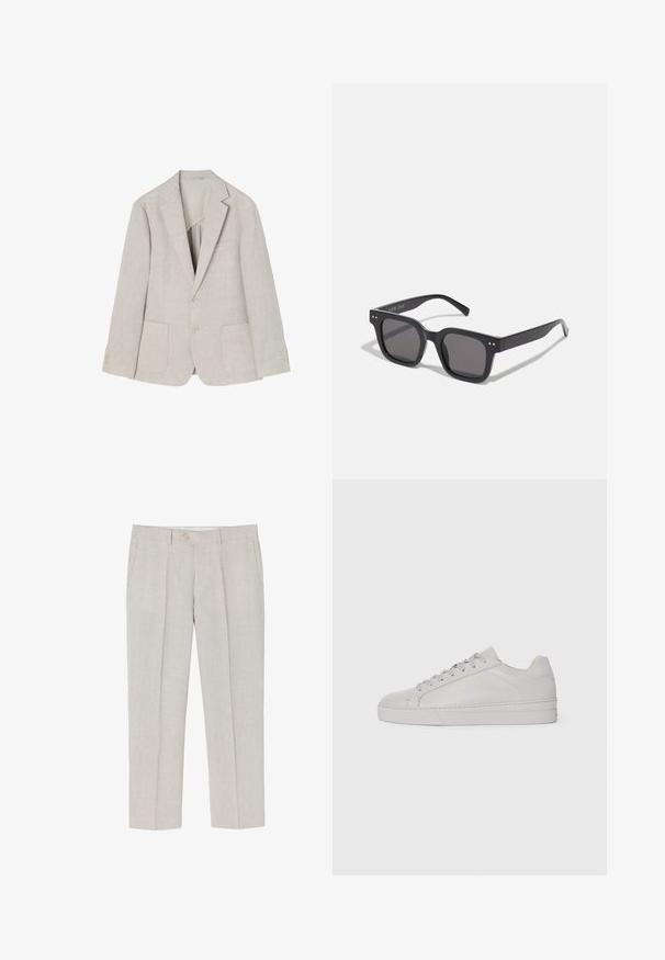 Helles beiges Leinenblazer mit Reverskragen, zwei Fronttaschen, doppelter Knopfverschluss und vier Knopfakzenten an den Ärmeln.; Weißes Langarmshirt aus glattem Stoff, mit einer Knopfleiste vorne, klassischem Kragen und geradem Saum mit abgerundeten Seiten.; Helle beigefarbene Leinenhose mit geradem Bein, subtiler Textur, zwei vorderen Taschen und einem einzelnen Knopfverschluss an der Taille.; Hellgraue Leder-Sneaker mit glatter Textur, abgerundetem Zehenbereich, flacher Gummisohle und einfarbigen Schnürsenkeln. Verfügt über minimales Branding in Gold.; Schwarze rechteckige Sonnenbrillen mit dunklen Gläsern, die einen dicken Rahmen, subtile Akzente an den Seiten und keine sichtbaren Logos außer dem Markennamen aufweisen.; Silberner Edelstahl-Quartz-Uhr mit schwarzem rechteckigem Zifferblatt, ausgestattet mit analogen Zeigern, digitaler Anzeige und Wasserdichtigkeitslabel.