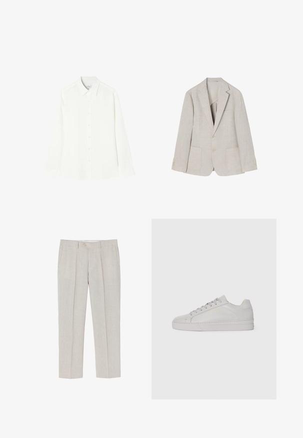 Helles beiges Leinenblazer mit Reverskragen, zwei Fronttaschen, doppelter Knopfverschluss und vier Knopfakzenten an den Ärmeln.; Weißes Langarmshirt aus glattem Stoff, mit einer Knopfleiste vorne, klassischem Kragen und geradem Saum mit abgerundeten Seiten.; Helle beigefarbene Leinenhose mit geradem Bein, subtiler Textur, zwei vorderen Taschen und einem einzelnen Knopfverschluss an der Taille.; Hellgraue Leder-Sneaker mit glatter Textur, abgerundetem Zehenbereich, flacher Gummisohle und einfarbigen Schnürsenkeln. Verfügt über minimales Branding in Gold.