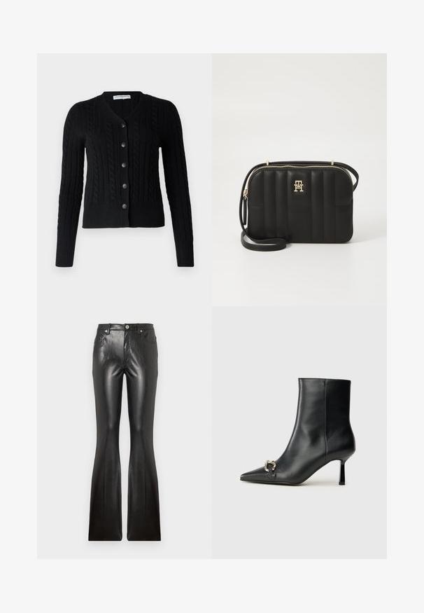 Blazer vermelho com um design estruturado, de um só botão com dois botões, lapelas pontiagudas e bolsos laterais; textura lisa e silhueta elegante.; pure cashmere CLASSIC CABLE CARDIGAN - Casaco de malha - black; T-shirt branca de algodão com mangas curtas, decote redondo e um retângulo azul com o logo "HUGO" no centro da frente.; Calças justas pretas em pele, com textura suave, cinco bolsos, fecho de botão frontal e silhueta ajustada nas coxas.; Bota preta de couro até ao tornozelo com bico apontado, salto slim de altura média e detalhe em fivela prateada de lado, contra um fundo simples.; Mala crossbody preta acolchoada, feita de material sintético, com hardware em tom dourado, apresentando um fecho de zíper e detalhe do logo na frente.