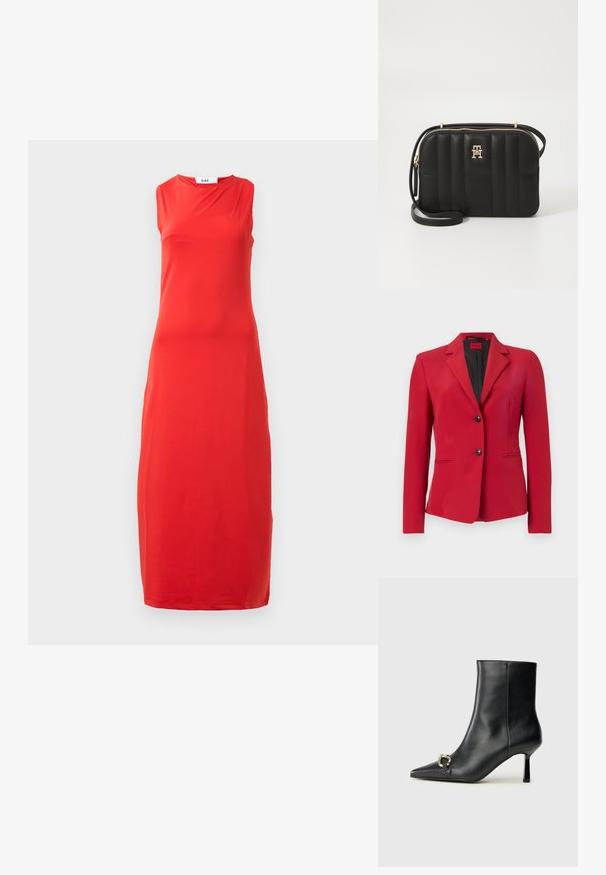 Rød blazer med en strukturert design, enkle knappestrekk med to knapper, spisse lapeller og sidelommer; glatt tekstur og slank silhuett.; Uten ermer, gulvlang rød kjole med høy rund hals og subtile draperinger ved kragen.; Sorte lær ankle boot med spiss tå, slank mid-høyde hæl og sølvspenne på siden mot en enkel bakgrunn.; Svart quilted crossbody-veske laget av syntetisk materiale med gulltonet maskinvare, med glidelås-lukking og logo-detalj på fronten.