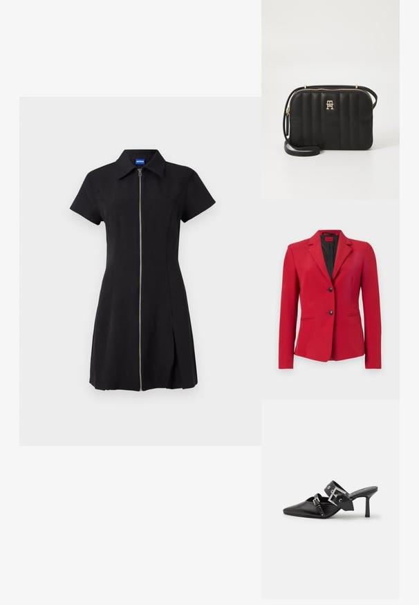 Piros blézer struktúrált dizájnnal, egysoros, két gombbal, hegyes reverral és oldalsó zsebekkel; sima textúra és elegáns sziluett.; Fekete ruha rövid ujjal, elülső cipzárral, gallérral és oldalsó hasítékkal. Simítású anyagból készült, finom logóval a mellrészen.; Fekete magassarkú mules, hegyes orral, sima bőrből készült. Széles bokapántja van, négyzet alakú ezüst csattal és szegecsekkel.; Fekete, steppelt keresztpántos táska szintetikus anyagból, arany színű fémkiegészítőkkel, cipzáras záródással és logóval az elején.