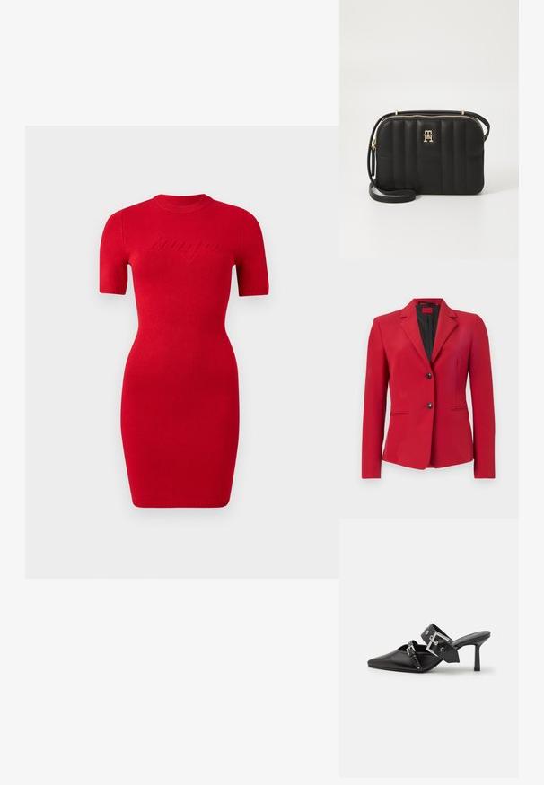 Punane bleiser struktureeritud disainiga, ühe nööbiga, millel on kaks nööpi, teravad klapid ja küljetaskud; sile tekstuur ja voolujooneline siluett.; Punane kudum Kleid, lühikeste varrukatega, keha lähedane lõige ja ümar kaelus. Esiküljel on tõstetud "bango" teksti detail.; Mustad mustad kõrged kontsad, terava toe ja siledast nahast. Omab laia pahkluu rihma ruudukujulise hõbedase klambri ja nurgakujuliste naeltega.; Mustmustreen mustriba kott, valmistatud sünteetilisest materjalist, kuldsete detailidega. Kotel on lukuga ja esiküljel logodekoratsioon.