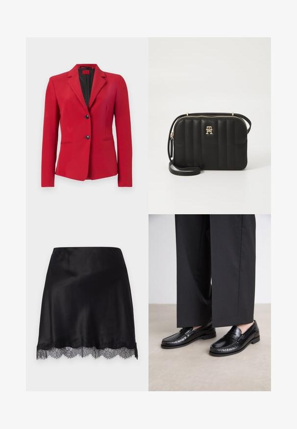 Roter Blazer mit strukturiertem Design, einreihig mit zwei Knöpfen, mit spitzen Revers und Seitentaschen; glatte Textur und elegante Silhouette.; Weißes Baumwoll-T-Shirt mit kurzen Ärmeln, Rundhalsausschnitt und einem blauen rechteckigen Logopatch mit der Aufschrift "HUGO" auf der Vorderseite in der Mitte.; FROM FUTURE SAMMY - Bleistiftrock - noir; Schwarze Lederloafers mit glatter Oberfläche, genähten Details um die Zehen und einer niedrigen Gummisohle. Kombiniert mit weiten schwarzen Hosen.; Schwarze gesteppte Umhängetasche aus synthetischem Material mit goldfarbener Hardware, ausgestattet mit einem Reißverschluss und einem Logo-Detail auf der Vorderseite.