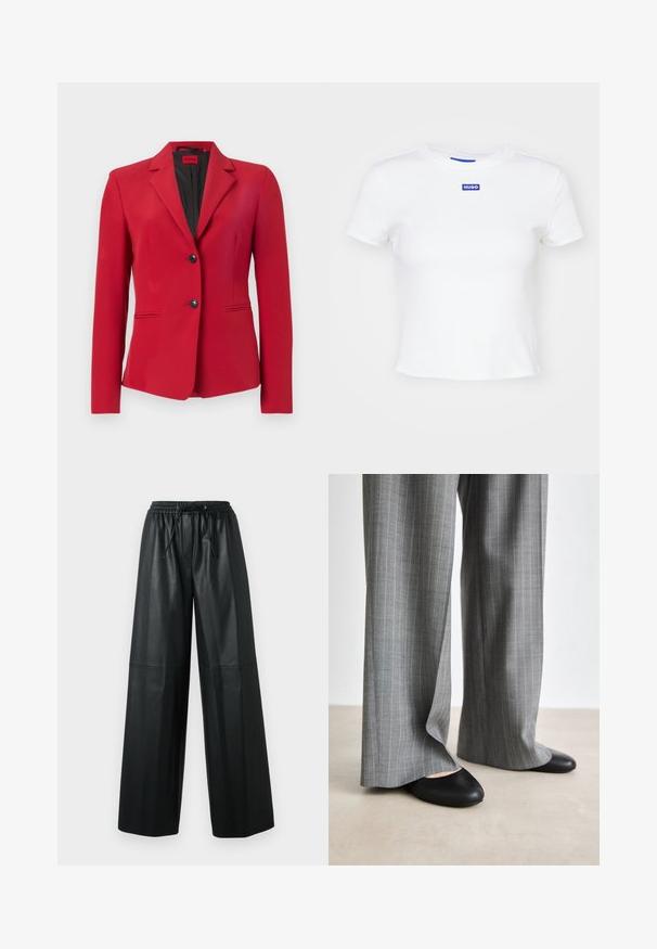 Blazer rouge avec un design structuré, un seul bouton sur le devant avec deux boutons, revers à pointe et poches latérales ; texture lisse et silhouette épurée.; T-shirt en coton blanc à manches courtes, col rond, avec un patch logo rectangulaire bleu portant l'inscription "HUGO" au centre avant.; Pantalons larges en cuir noir avec une taille élastique, un détail de cordon et une texture lisse. Présente des accents de couture sur le devant.; Pantalons larges à rayures grises avec une texture lisse, associés à des ballerines en cuir noir à bout rond.