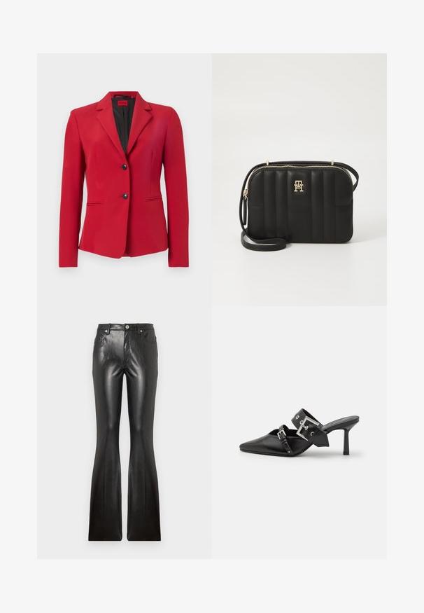 Rode blazer met een gestructureerd ontwerp, enkelzijdig met twee knopen, spitse revers en zijzakken; gladde textuur en elegante silhouet.; Witte katoenen t-shirt met korte mouwen, ronde halslijn en een blauwe rechthoekige logo patch met de tekst "HUGO" op het midden voor.; Zwarte leren flared broeken met een gladde textuur, vijf zakken, een sluiting met knoop aan de voorkant en een getailleerd silhouet door de dijen.; Zwarte hoge hakken mules met een puntige neus, gemaakt van soepel leer. Heeft een brede enkelriem met een vierkante zilveren gesp en studs.; Zwarte gewatteerde schoudertas van synthetisch materiaal met goudkleurige hardware, voorzien van een ritsluiting en logo-detail aan de voorkant.