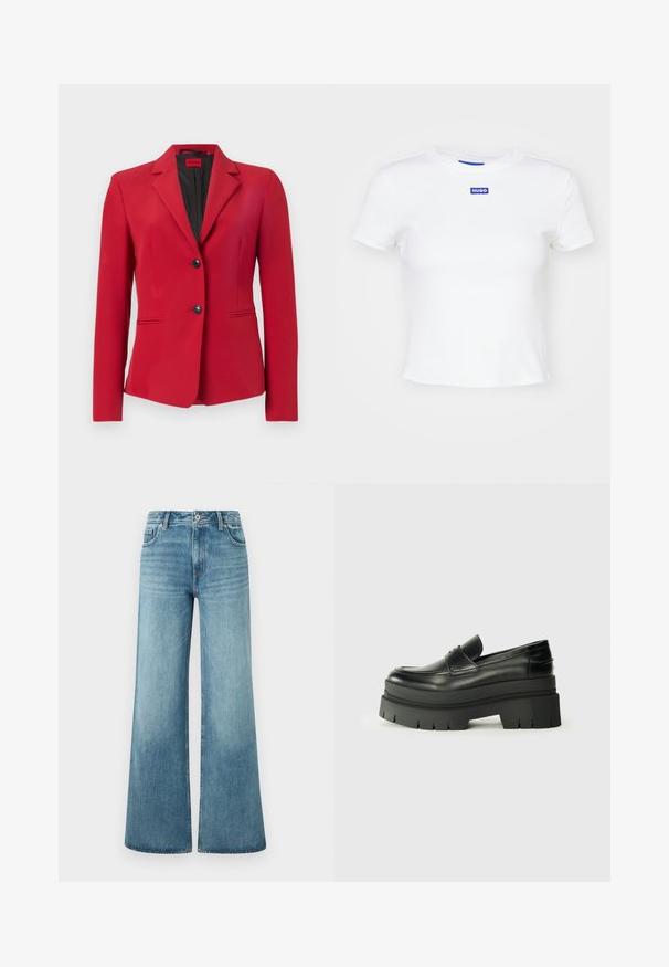 Punainen bleiseri, jossa on jämäkkä muotoilu, yksirivinen ja jossa on kaksi nappia, terävät kaulukset ja sivutaskut; sileä pinta ja viehättävä siluetti.; Valkoinen puuvillapaita, jossa on lyhyet hihat, pyöreä kaula-aukko ja etuosassa sininen suorakulmainen logo, jossa lukee "HUGO".; Vaaleansiniset leveälahkeiset farkut, joissa on korkea vyötärö, viisi taskua ja hieno haalistuminen lahkeissa.; Musta nahkakengät, joissa on muhkea pohja. Pyöristetty kärki, etusauman yksityiskohtia ja hienovaraisia ompeluaksentteja. Littee, kuvioitu ulkopohja.