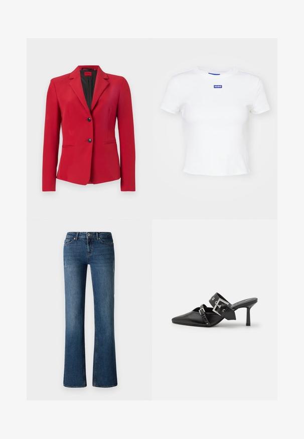 Blazer rojo con un diseño estructurado, de un solo botón con dos botones, solapas puntiagudas y bolsillos laterales; textura suave y silueta elegante.; Camiseta de algodón blanca con mangas cortas, escote redondo y un parche rectangular azul con el logo "HUGO" en el centro delantero.; Vaqueros de denim azul oscuro con un diseño de pierna acampanada, que presentan un sutil desvanecimiento y detalles desgastados cerca de los muslos y las rodillas.; Mules de tacón alto negros con puntera afilada, elaborados en cuero suave. Cuentan con una amplia correa para el tobillo con una hebilla cuadrada de plata y tachuelas.