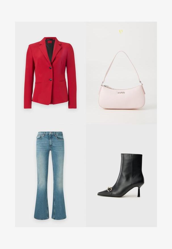 Raudonas švarkas su struktūrizuotu dizainu, vienas maišas, su dviem mygtukais, iškilusiais apykaklėmis ir šoninėmis kišenėmis; lygus paviršius ir elegantiška siluetas.; Balta medvilninė marškinėlių su trumpomis rankovėmis, apvaliu kaklu ir mėlynu stačiakampiu logotipo uždėklu, kuriame parašyta "HUGO" priekyje, centre.; Plačios mėlynos džinsinės kelnės su šviesiu skalbimu, penkios kišenės, siuvinėjimo detalės ir liemuo su knopke bei užtrauktuku.; Juodas odinis apavas iki kulkšnies su smailiu nosiu, plonu vidutinio aukščio kulnu ir sidabriniu sagties akcentu šone, prieš paprastą foną.; Rožinės odos rankinės su išlenkta forma, užtrauktuku uždarymu ir petine juosta. Priekyje yra sidabrinis logotipas.