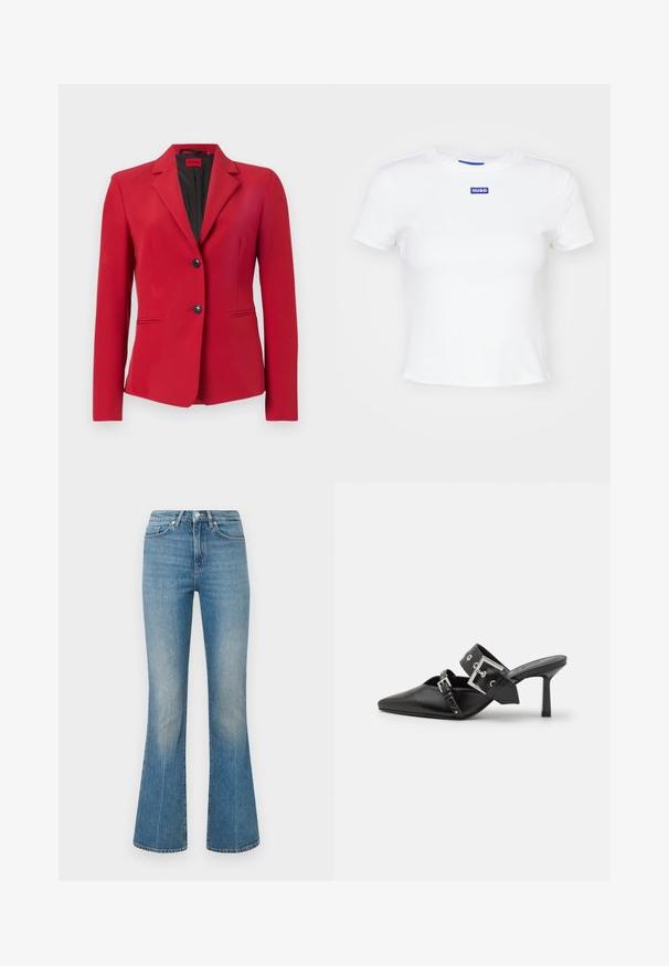 Sarkanais žakets ar strukturētu dizainu, vienvirkne ar divām pogām, izteiktiem atlokiem un sānu kabatām; gluda tekstūra un eleganta silueta.; Balta kokvilnas T-krekls ar īsām piedurknēm, apaļu kakla izgriezumu un zilu taisnstūra logotipa uzklājumu ar vārdu "HUGO" priekšā centra.; Gai zili flared džinsi, izgatavoti no denima. Satur jostu ar pogu un izbalējušu krāsu, pakāpeniski sašaurinoties līdz platam apmalei pie potītēm.; Melnas augstpapēžu mūles ar norādītu purngalu, izgatavotas no gludas ādas. Iekļauj plašu potītes siksnu ar kvadrātveida sudraba sprādzi un kniedēm.