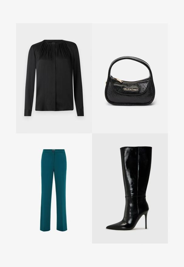 Blazer teal realizzato in tessuto liscio, con revers a contrasto, chiusura a un bottone, due tasche laterali e spalle strutturate.; Blusa nera a maniche lunghe realizzata in tessuto morbido, con scollatura rotonda e leggere pieghe alle spalle. Presenta un taglio dritto e chiusura con bottoni.; Pantaloni dritti color teal con una trama liscia, dotati di chiusura a bottone in vita e design minimalista.; Stivali neri in pelle alti fino al ginocchio con punta affusolata e tacchi a stiletto alti. Texture liscia e design elegante, con decorazioni minime.; Borsa a tracolla in pelle nera con finitura testurizzata, forma arrotondata e manico singolo. Presenta una tasca frontale con zip e un marchio in tono oro.