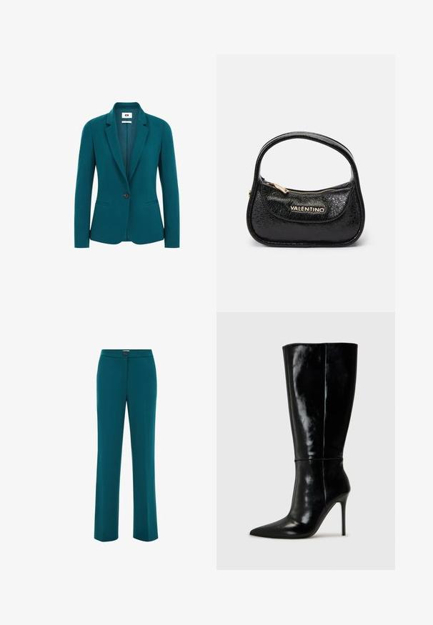 Tyrkysový blazer z hladké tkaniny, s klopeným límcem, jedním knoflíkem, dvěma bočními kapsami a strukturovanými rameny.; Černý rolák s dlouhým rukávem vyrobený z hladkého, elastického materiálu. Přiléhavý střih s vysokým krkem a bez viditelných vzorů nebo zdobení.; Tyrkysové kalhoty s rovnými nohavicemi a hladkým povrchem, se zapínáním na knoflík v pase a minimalistickým designem.; Černé kožené vysoké boty po kolena s špičatou špičkou a vysokým jehlovým podpatkem. Hladká textura a elegantní design, s minimálními detaily.; Černá kožená kabelka s texturovaným povrchem, kulatým tvarem a jedním uchopem. Obsahuje přední zipovou kapsu a zlatý potisk značky.