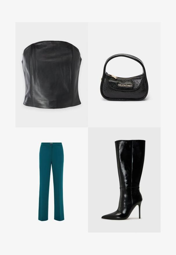 Teal blazer lavet af glat stof, med spids krave, enkelt knaplukning, to sidelommer og strukturerede skuldre.; Sort læder strapless top med en tætsiddende pasform, glat tekstur og subtile sømme langs kroppen for et skræddersyet udseende.; Teal lige ben bukser med en glat tekstur, der har en knaplukning i taljen og et minimalistisk design.; Sorte læderknælange støvler med spids tå og høj stilettohæl. Glat tekstur og slank design, med minimalt detaljer.; Sort læderhandbag med tekstureret overflade, rund form og et enkelt håndtag. Har en frontlynlås-lomme og guldfarvet branding.