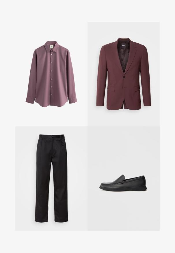 BOSS HOUSTON - Kostiuminis švarkas - open red; Next REGULAR FIT SINGLE CUFF - Dalykiniai marškiniai - mauve pink; Juodi kelniukai, pagaminti iš lygaus audinio, su užsegimu priekyje, raukšlėmis ir tiesiomis kojomis. Nėra matomų raštų ar akcentų.; Juodas odinis slip-on loafer'as su tekstūruotu paviršiumi, apvaliu pirštu, žemu kulnu ir guminėmis padais, parodytas šoniniame profilyje ant balto fono.