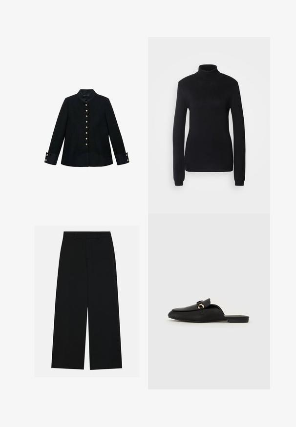 Sort jakke med mandarin-krave, prydet med gyldne knapper, skræddersyet pasform og kontrasterende manchetter i et struktureret stof.; Sort turtleneck sweater lavet af et blødt strikstof, med lange ærmer og en tætsiddende silhuet, der har ribbet krave og kant.; Breddebenede sorte bukser lavet af et glat stof. Har en flad talje med bæltestropper og ingen synlige lommer. Simpelt design.; Sort slip-on sko lavet af glat læder. Har en rund tå, en dekorativ vævet strop og en lille guldfarvet detalje. Flad sål.